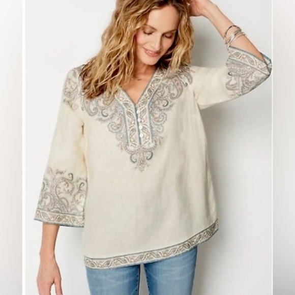J Jill Linen Ornate Paisley Barley Elegant Top - Picture 3 of 7